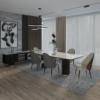 Modern dining room with a marble rectangular table six upholstered chairs and a gray rug under large windows with sheer curtains