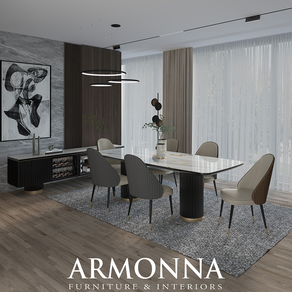Modern dining room display: marble-top table with ribbed black legs, eight upholstered chairs, circular pendant lights, a gray rug, and large windows. Brand: ARMONNA Furniture & Interiors.