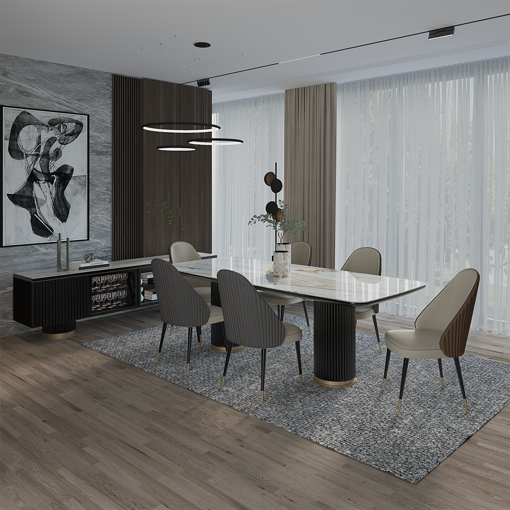 Modern dining room with a marble rectangular table, six upholstered chairs, and a gray rug under large windows with sheer curtains.