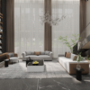 Luxurious modern living room with two gray sofas brown accents and a marble topped coffee table under sheer floor to ceiling curtains