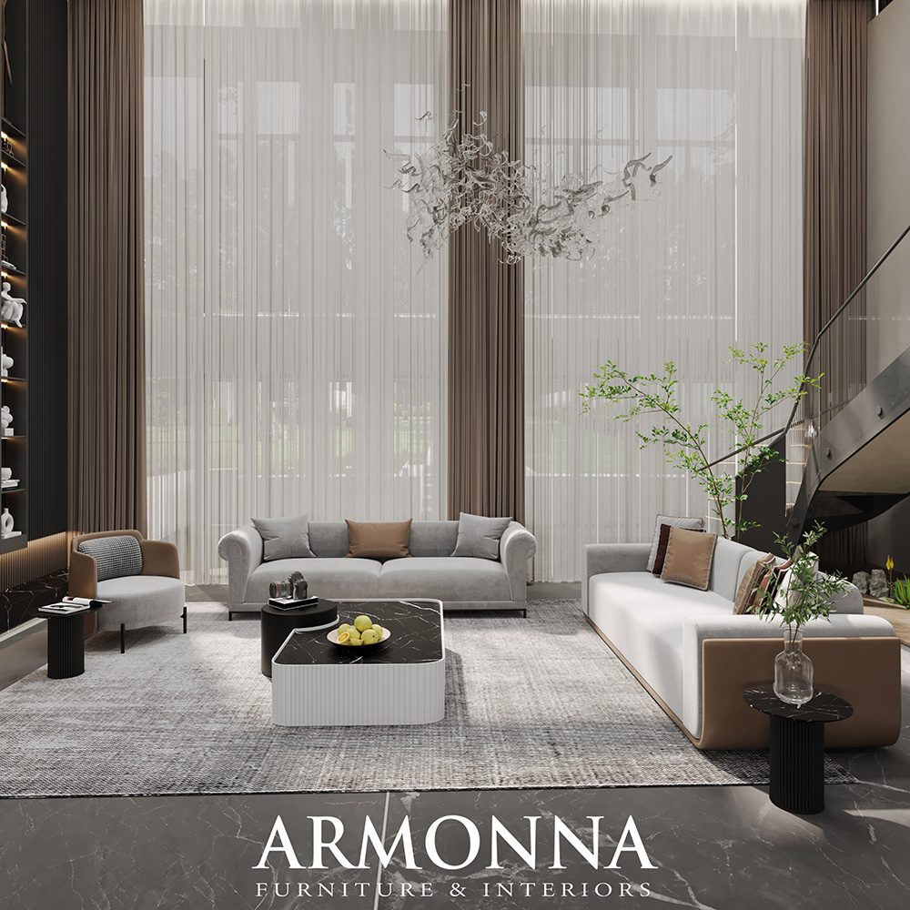 Luxurious living room with tall sheer curtains, neutral sofas, a marble coffee table, and a sculptural chandelier.