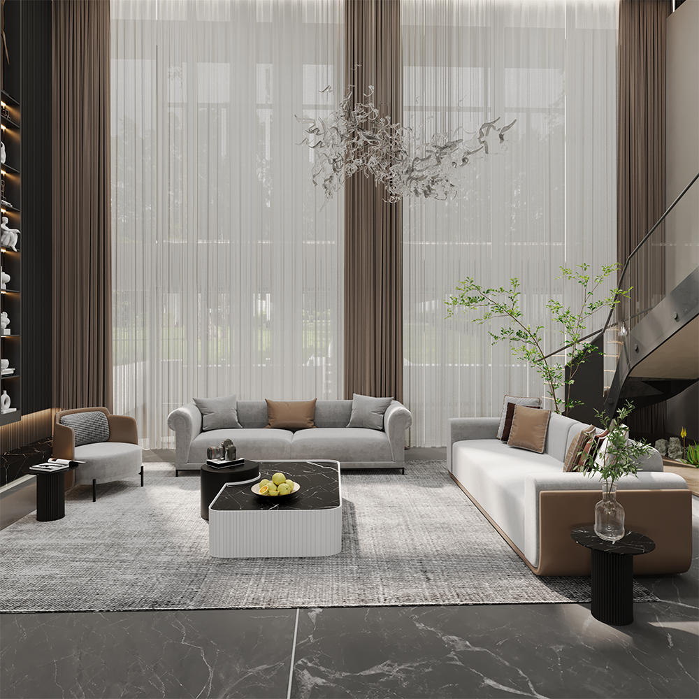 Luxurious modern living room with two gray sofas, brown accents, and a marble-topped coffee table under sheer floor-to-ceiling curtains.