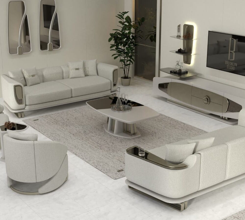 Modern white living room with an L-shaped sofa, two curved accent chairs, a central coffee table, and a wall-mounted TV.