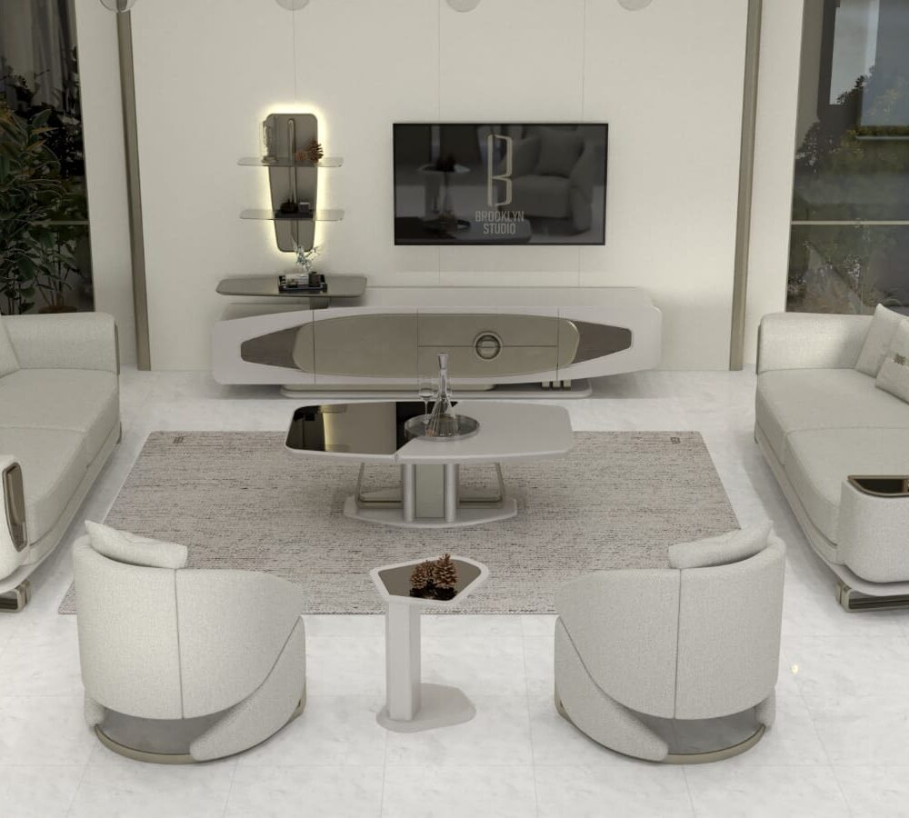 Luxurious white living room with circular sofas around a central glass-top coffee table and a wall-mounted TV.