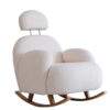 White plush upholstered rocking chair with curved wooden rockers and a headrest