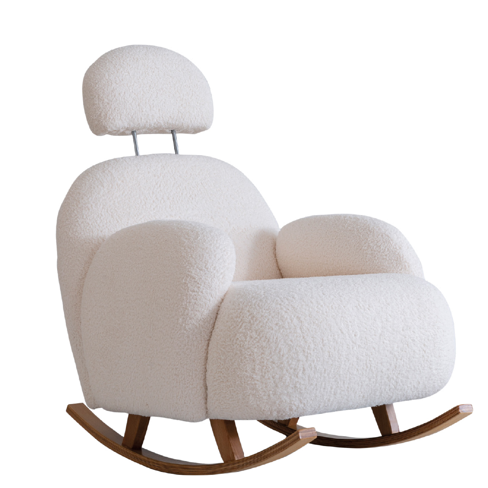 White plush upholstered rocking chair with curved wooden rockers and a headrest