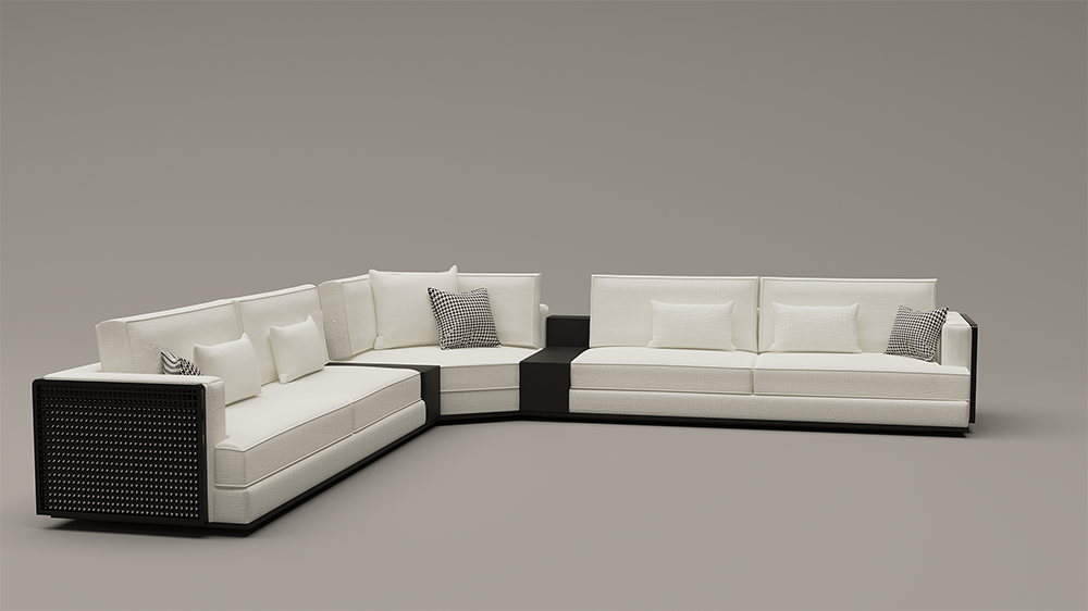 Palermo Corner Set Custom Productions 1 Armonna White fabric sectional sofa arranged in an L shape with black frame accents and multiple pillows in a studio setting to the gray backdrop