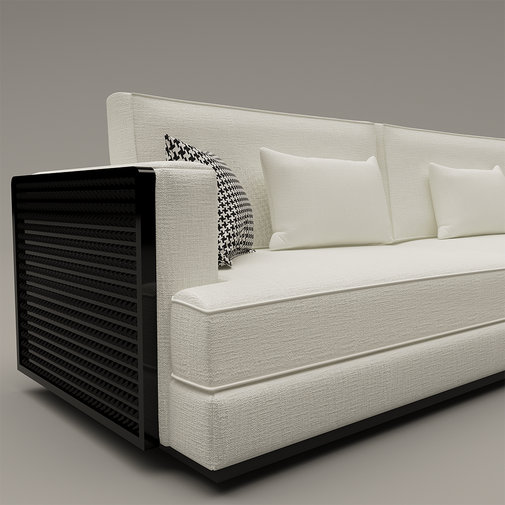 Palermo Corner Set Custom Productions 2 Armonna White textured sofa with a black slattedvented side panel and white cushions in a neutral setting highlighting its modern design