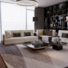 Luxurious modern living room with beige sectional sofa decorative cushions and a layered black and gold coffee table in front of a large windowed wall and built in shelving unit
