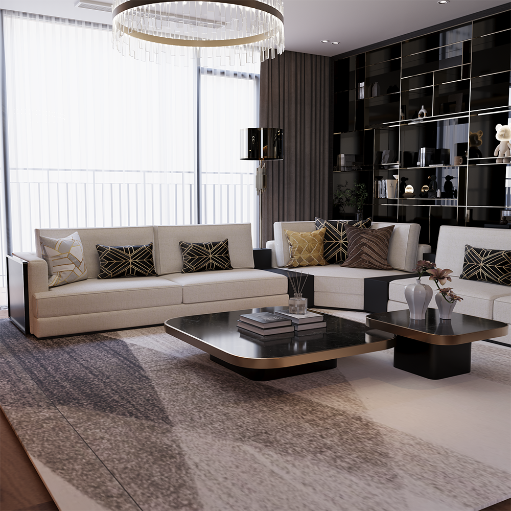 Luxurious modern living room with beige sectional sofa, decorative cushions, and a layered black and gold coffee table in front of a large windowed wall and built-in shelving unit.