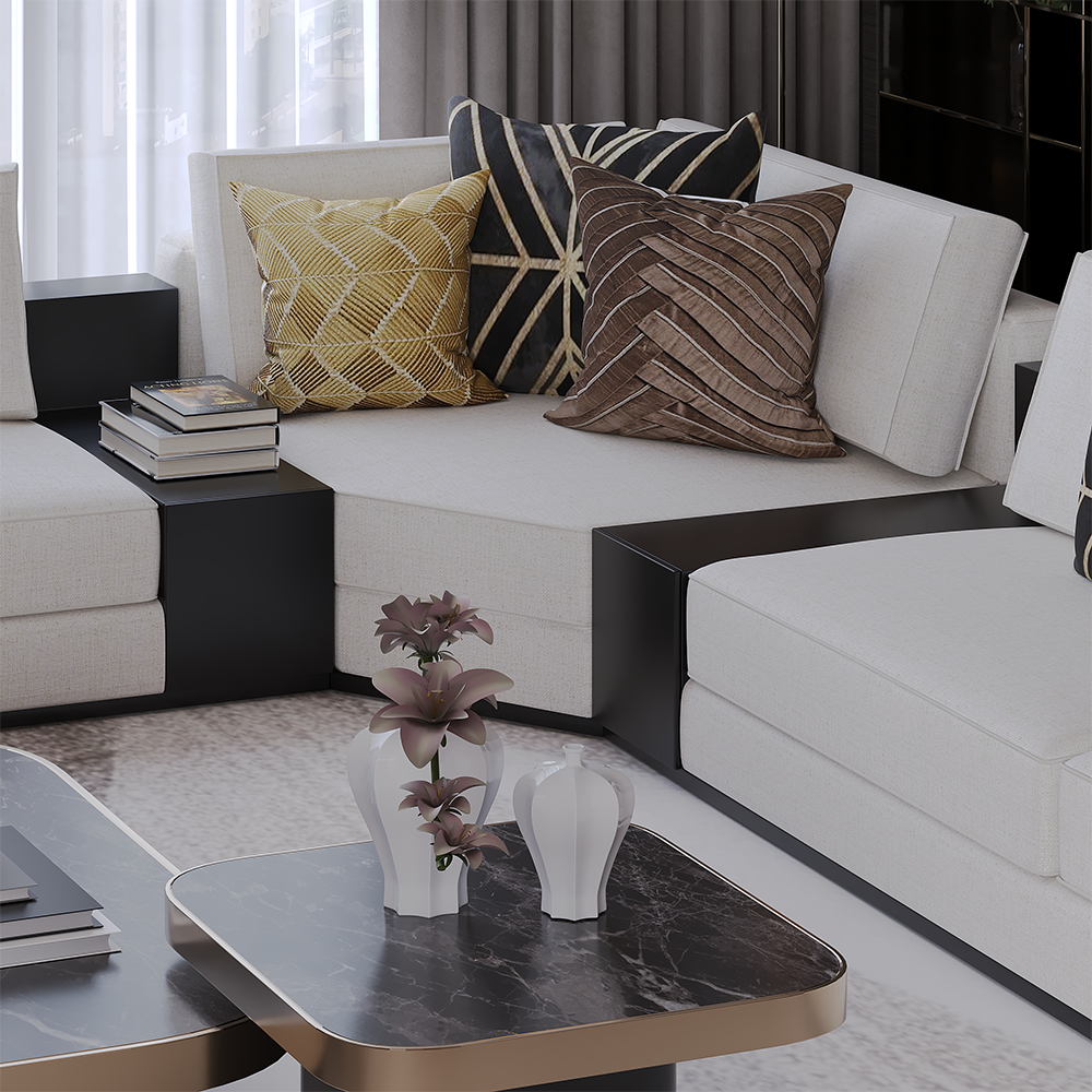 Palermo Corner Set Custom Productions 5 Armonna Modern living room seating area with a white sectional sofa geometric throw pillows and black marble top coffee tables