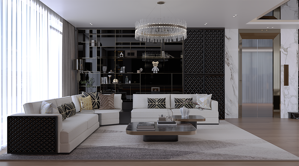 Modern living room with an L-shaped beige sofa, decorative cushions, a glass coffee table, and a circular crystal chandelier.