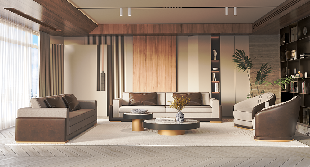 Modern living room with beige sofas, brown leather accents, round coffee tables, and a tall bookshelf framing the space on a light rug windowed wall.