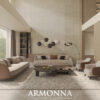 Elegant modern living room showroom with beige sofas armchairs and a central coffee table