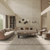 Modern beige and brown living room with curved sofas a round black coffee table and large window with sheer curtains v1