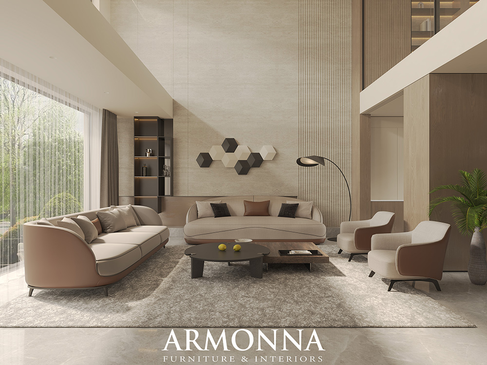 Elegant modern living room showroom with beige sofas, armchairs, and a central coffee table.