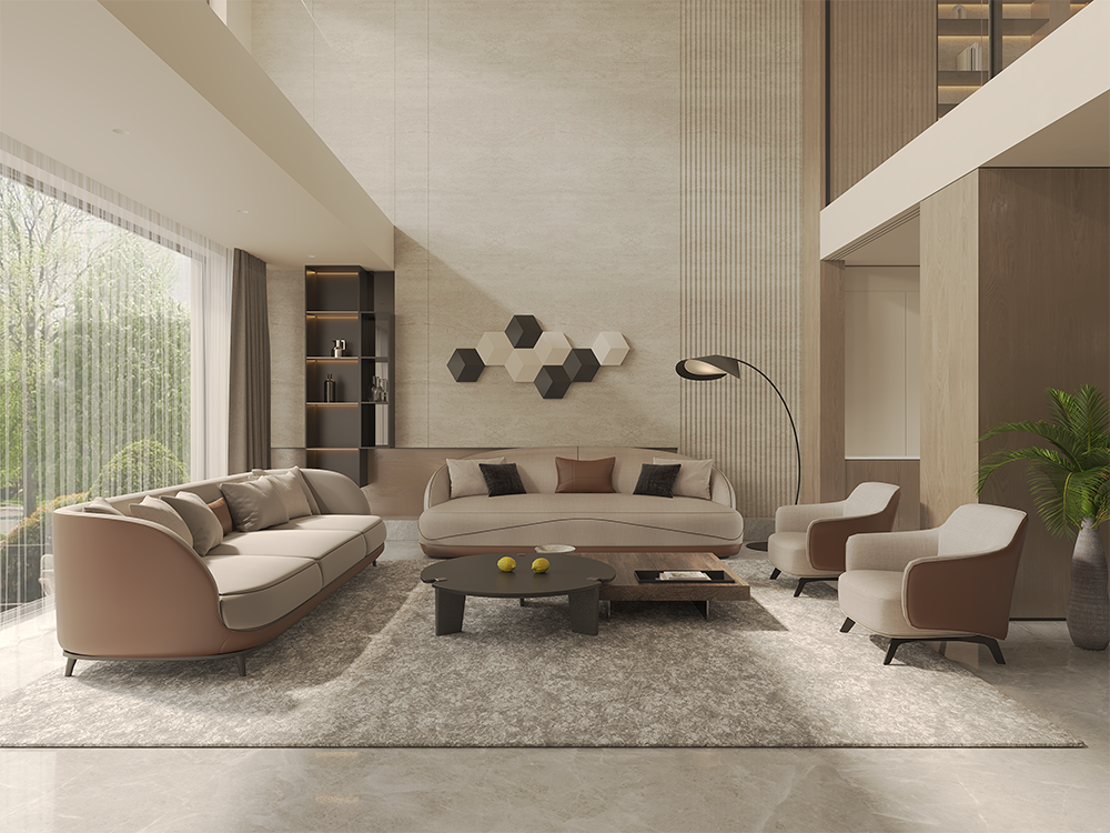 Modern beige and brown living room with curved sofas, a round black coffee table, and large window with sheer curtains. v1