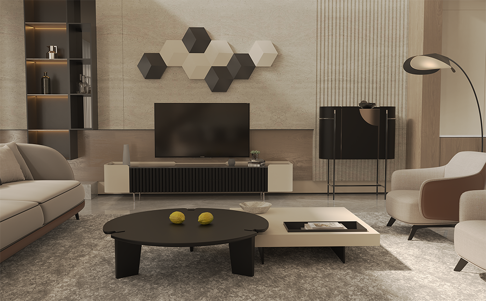 Modern living room with a wall-mounted geometric art piece, flat-screen TV, low media console, and beige seating area around a black coffee table.