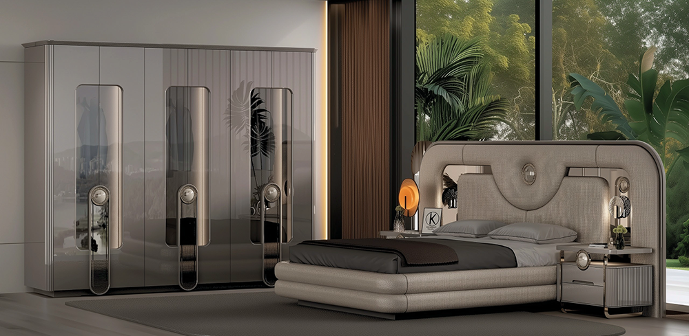 Luxurious modern bedroom with a tall mirrored wardrobe on the left and a curved upholstered bed facing large windows with greenery outside.