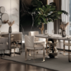 Luxurious modern dining room with round mirrors on a marble wall a glass dining table with beige chairs and a city skyline view
