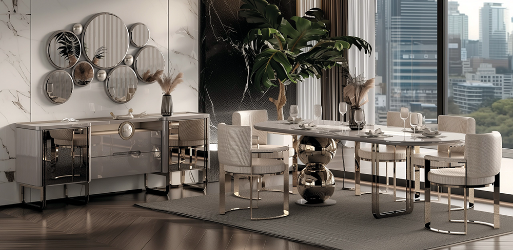 Luxurious modern dining room with round mirrors on a marble wall, a glass dining table with beige chairs, and a city skyline view.