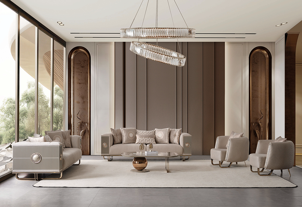 Luxurious neutral living room with beige sofas and chairs a large glass wall and a modern crystal chandelier above the seating area