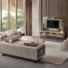 Elegant living room with neutral toned furniture and a large window wall overlooking greenery sectional sofa armchair and a modern TV console