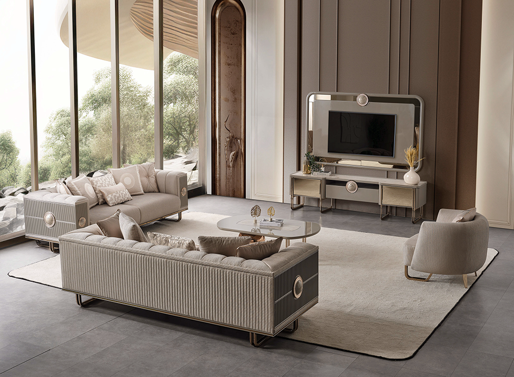 Elegant living room with neutral toned furniture and a large window wall overlooking greenery sectional sofa armchair and a modern TV console