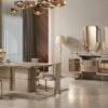 Pera Dining Room 1 Armonna Luxurious dining room with beige and gold furnishings oval table and upholstered chairs in a pale palette