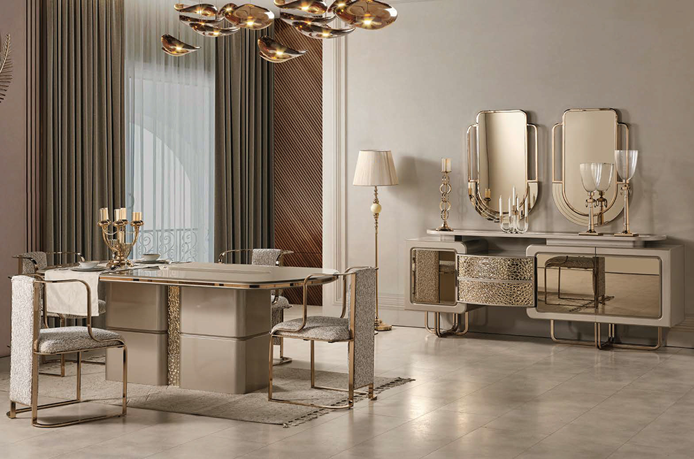 Luxurious dining room with beige and gold furnishings, oval table, and upholstered chairs in a pale palette.
