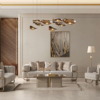 Luxurious beige living room with modular sofas abstract art and a gold toned sculptural chandelier centerpiece