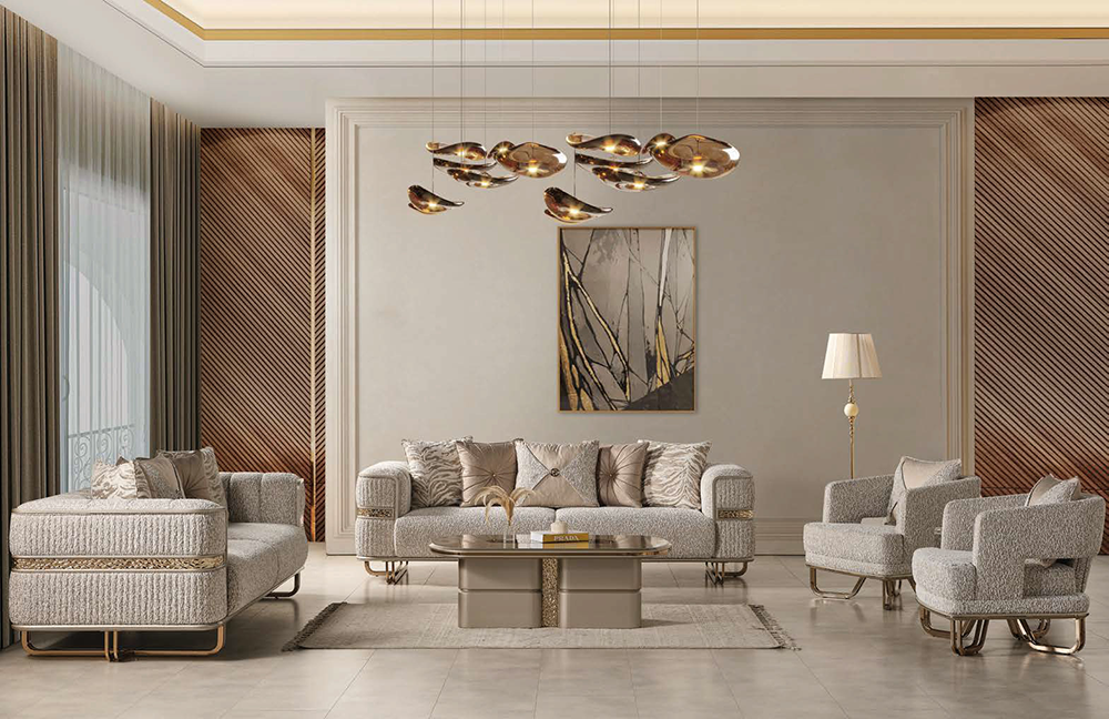 Pera Living Room 1 Armonna Luxurious beige living room with modular sofas abstract art and a gold toned sculptural chandelier centerpiece