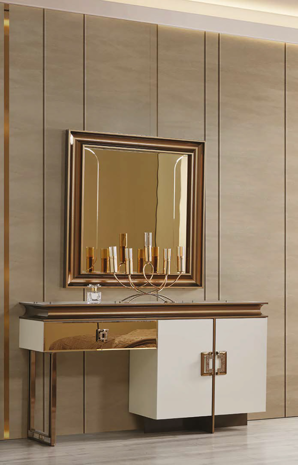 Piano Bedroom 2 Armonna Elegant vanity with a white and gold finish a large framed mirror above and a gold candelabra on the tabletop