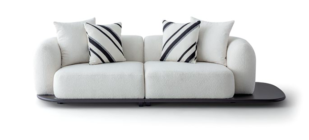 Portofino 5 Armonna White plush two seat sofa with two striped cushions on a dark low profile platform