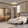 Luxurious bedroom with a large mirrored wardrobe plush bed and chandelier in a marble walled room Informative