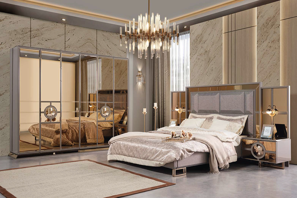 Luxurious bedroom with a large mirrored wardrobe, plush bed, and chandelier in a marble-walled room. (Informative)