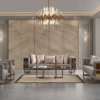 Luxurious contemporary living room with marble paneled wall large crystal chandelier and grey upholstered sofas around a glass coffee table
