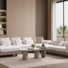 Roma Corner Set 1 Armonna Modern beige sectional sofa in a bright living room with large floor to ceiling windows and a built in wooden bookshelf