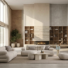 Elegant beige living room with curved modular sofas a central coffee table and a built in bookshelf wall with a linear fireplace