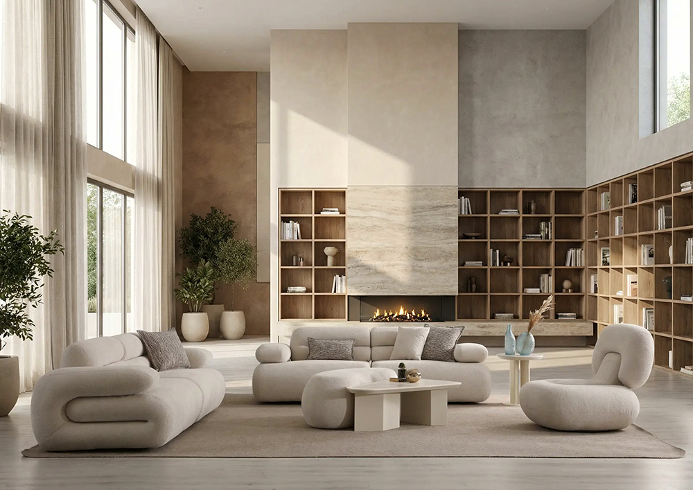 Elegant beige living room with curved modular sofas, a central coffee table, and a built-in bookshelf wall with a linear fireplace.