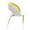 White upholstered chair with a curved back yellow interior piping and gold metal legs side view