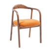 Wooden chair with curved back and orange upholstered seat cushion