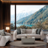 Luxurious living room with cream sofas a circular rug and a glass coffee table overlooking a mountain lake through large windows