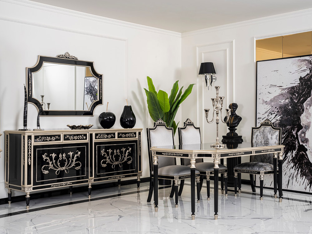 Saray Classic Set 11 Armonna Luxurious black and silver dining room with ornate sideboard mirror and six upholstered chairs tall plant and abstract artwork behind