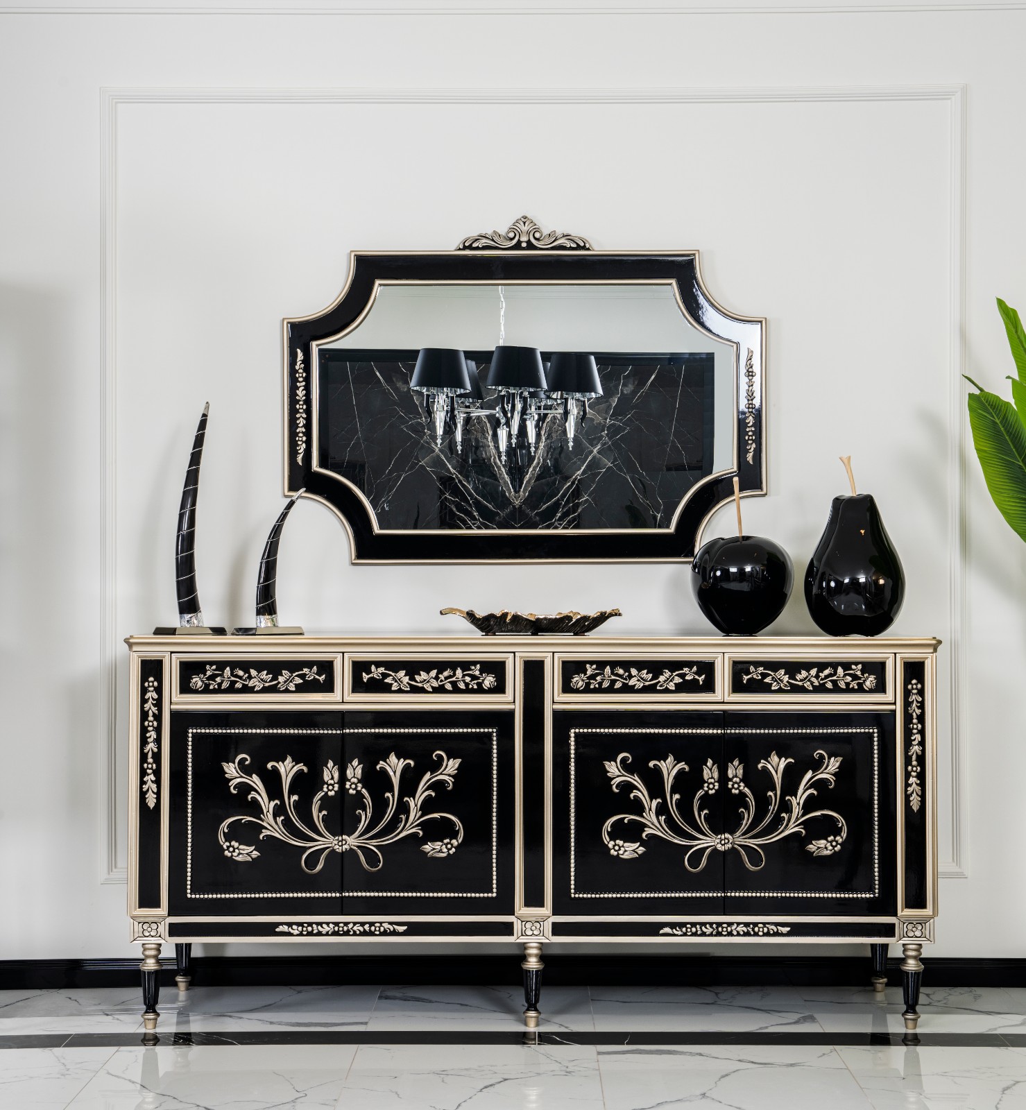 Saray Classic Set 20 Armonna Luxurious black and gold sideboard with intricate floral inlay and a large ornate mirror above it on a pale wall