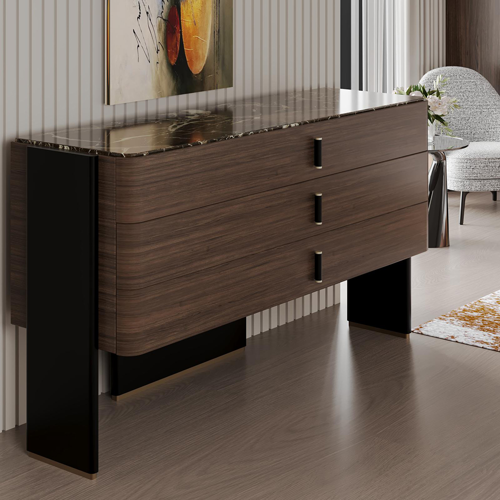 Modern wooden sideboard with a dark marble top and three drawers, supported by black legs in a contemporary living room.