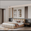 Modern luxury bedroom with beige upholstered bed matching headboard and two wooden nightstands on a striped wall paneling backdrop