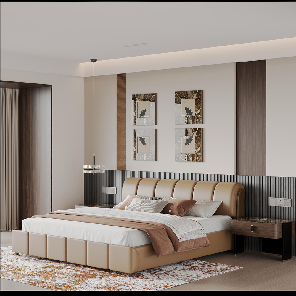 Modern luxury bedroom with beige upholstered bed, matching headboard, and two wooden nightstands on a striped wall paneling backdrop