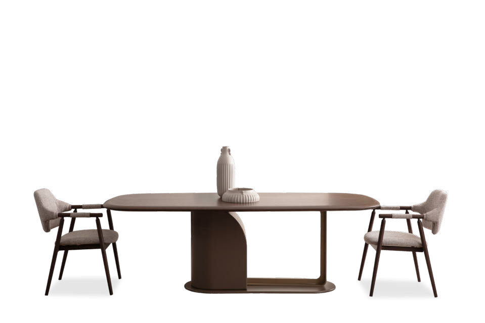Oval wooden dining table with four upholstered chairs, two on each side, against a black background, with a vase and a round decorative object on the tabletop.