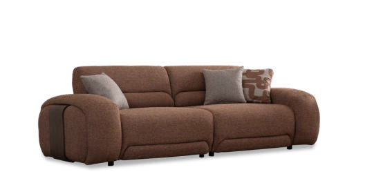 Brown fabric sofa with curved arms and two light gray cushions against a black background.